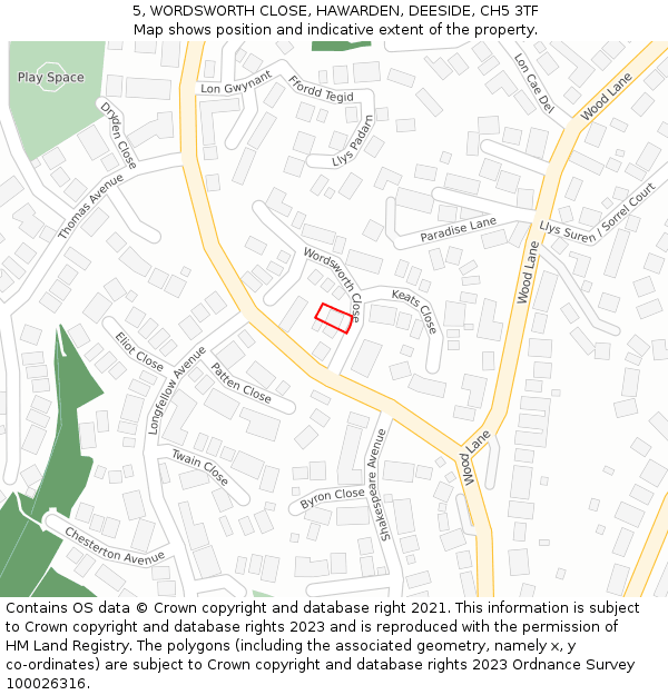 5, WORDSWORTH CLOSE, HAWARDEN, DEESIDE, CH5 3TF: Location map and indicative extent of plot