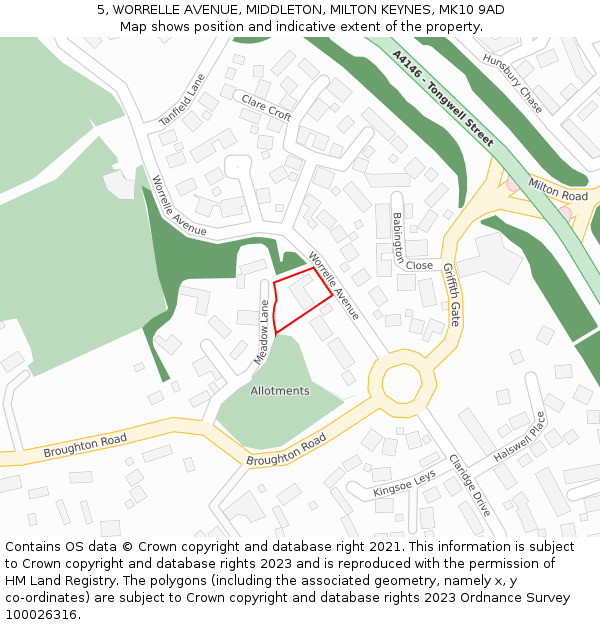 5, WORRELLE AVENUE, MIDDLETON, MILTON KEYNES, MK10 9AD: Location map and indicative extent of plot