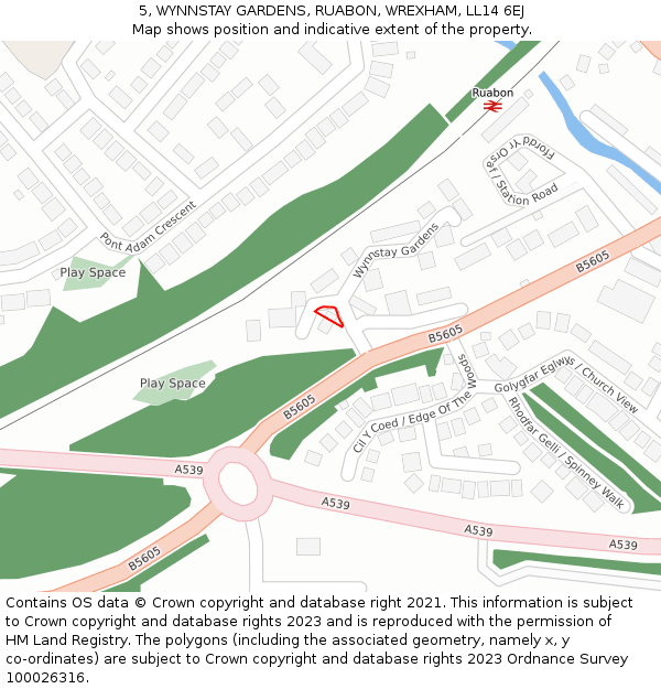 5, WYNNSTAY GARDENS, RUABON, WREXHAM, LL14 6EJ: Location map and indicative extent of plot