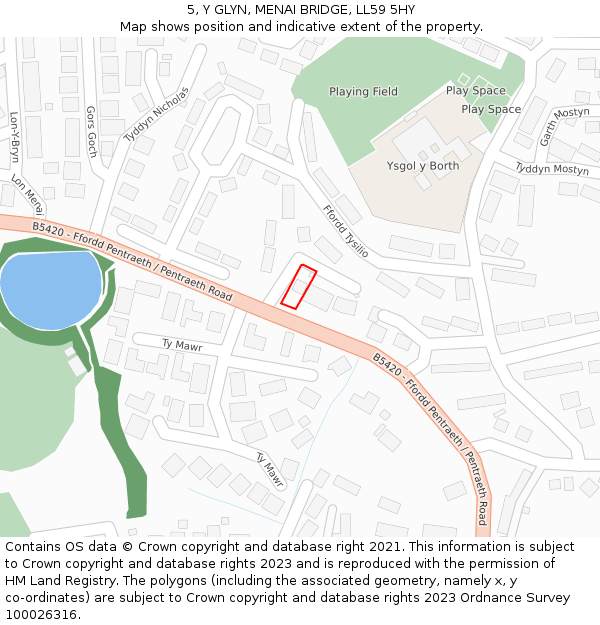 5, Y GLYN, MENAI BRIDGE, LL59 5HY: Location map and indicative extent of plot