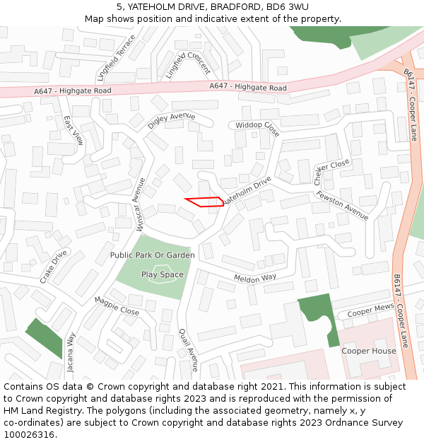 5, YATEHOLM DRIVE, BRADFORD, BD6 3WU: Location map and indicative extent of plot