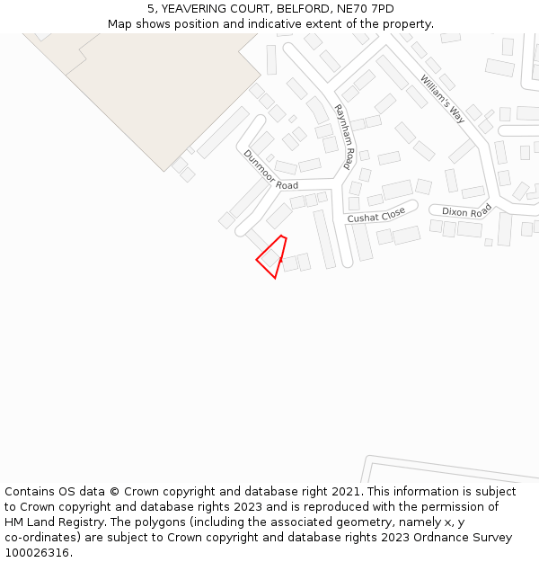 5, YEAVERING COURT, BELFORD, NE70 7PD: Location map and indicative extent of plot