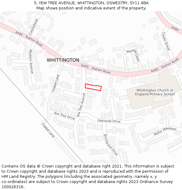 5, YEW TREE AVENUE, WHITTINGTON, OSWESTRY, SY11 4BA: Location map and indicative extent of plot