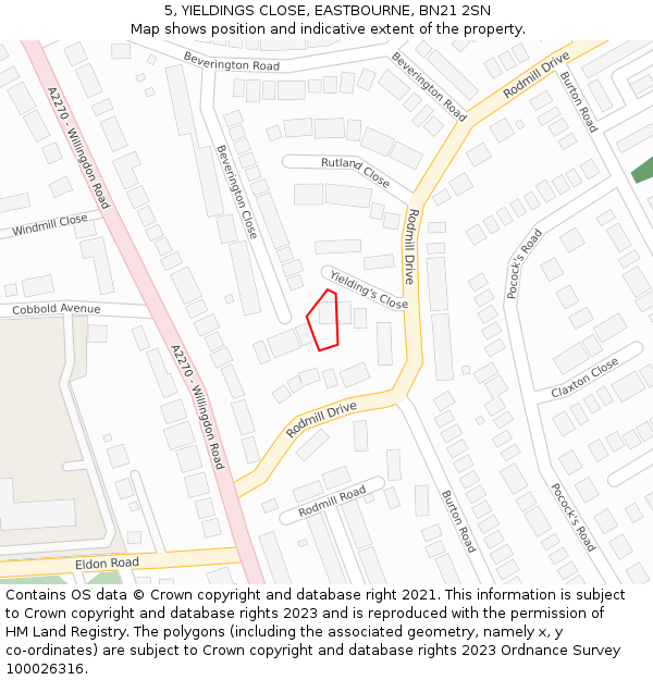 5, YIELDINGS CLOSE, EASTBOURNE, BN21 2SN: Location map and indicative extent of plot