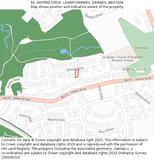 50, AINTREE DRIVE, LOWER DARWEN, DARWEN, BB3 0QW: Location map and indicative extent of plot