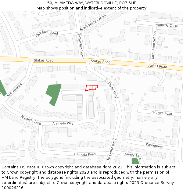 50, ALAMEDA WAY, WATERLOOVILLE, PO7 5HB: Location map and indicative extent of plot