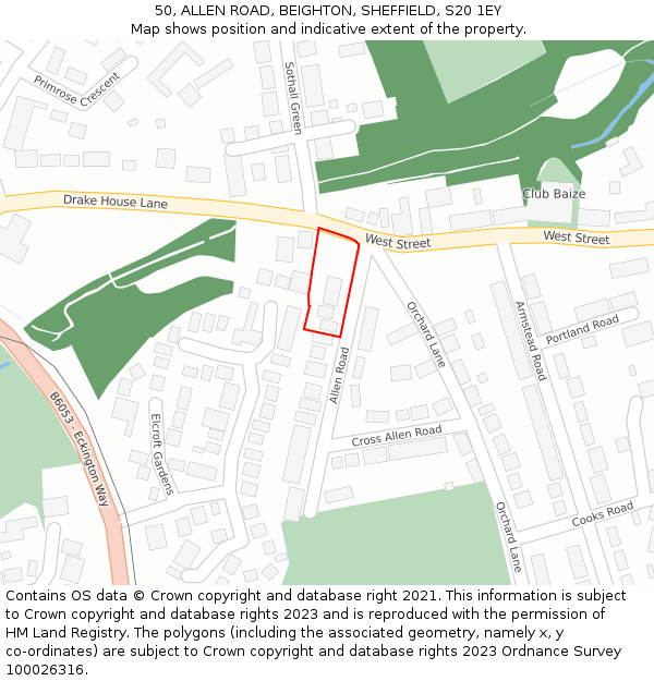 50, ALLEN ROAD, BEIGHTON, SHEFFIELD, S20 1EY: Location map and indicative extent of plot