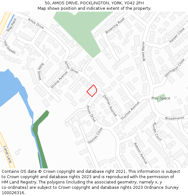 50, AMOS DRIVE, POCKLINGTON, YORK, YO42 2FH: Location map and indicative extent of plot