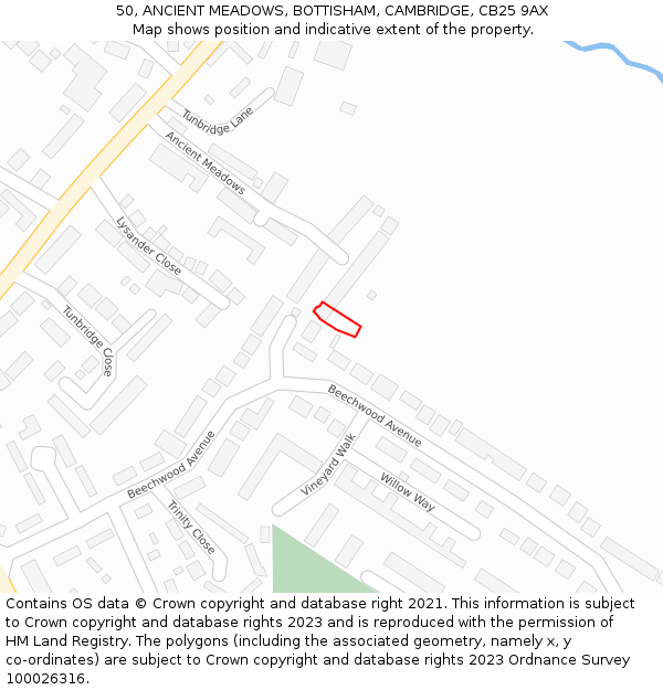 50, ANCIENT MEADOWS, BOTTISHAM, CAMBRIDGE, CB25 9AX: Location map and indicative extent of plot