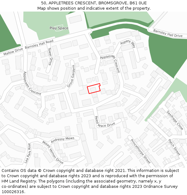 50, APPLETREES CRESCENT, BROMSGROVE, B61 0UE: Location map and indicative extent of plot