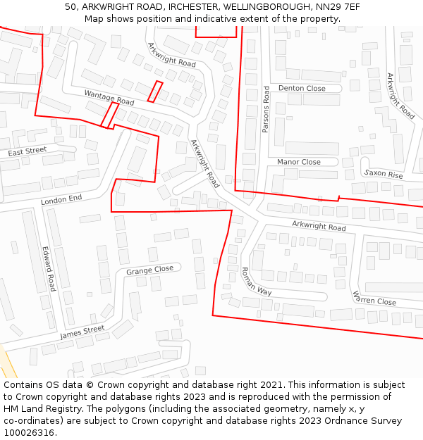50, ARKWRIGHT ROAD, IRCHESTER, WELLINGBOROUGH, NN29 7EF: Location map and indicative extent of plot