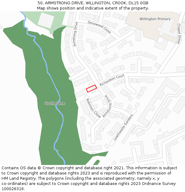 50, ARMSTRONG DRIVE, WILLINGTON, CROOK, DL15 0GB: Location map and indicative extent of plot