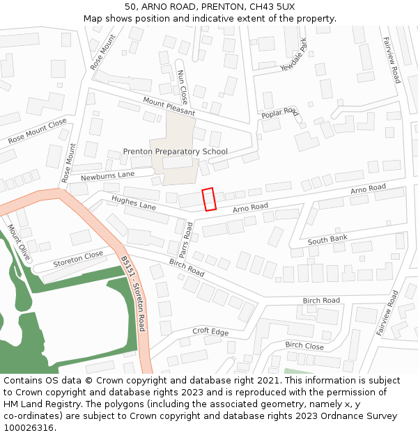 50, ARNO ROAD, PRENTON, CH43 5UX: Location map and indicative extent of plot