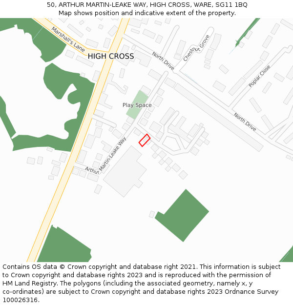 50, ARTHUR MARTIN-LEAKE WAY, HIGH CROSS, WARE, SG11 1BQ: Location map and indicative extent of plot