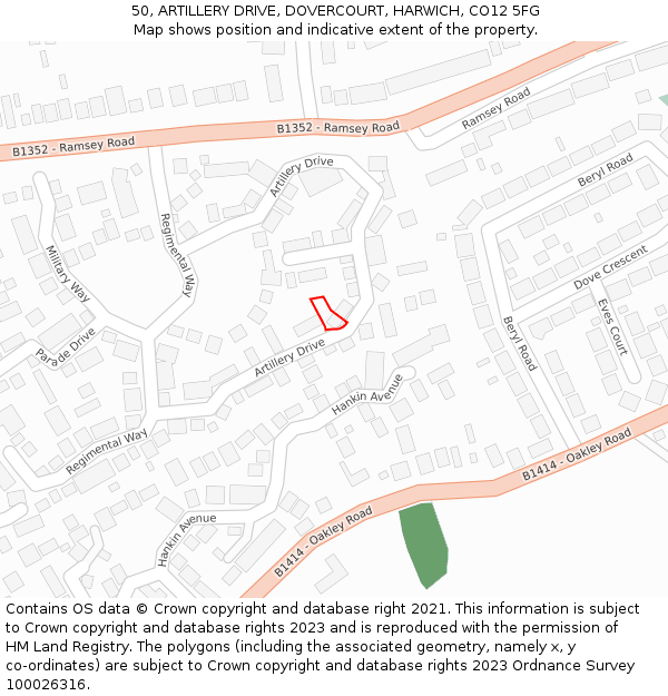 50, ARTILLERY DRIVE, DOVERCOURT, HARWICH, CO12 5FG: Location map and indicative extent of plot