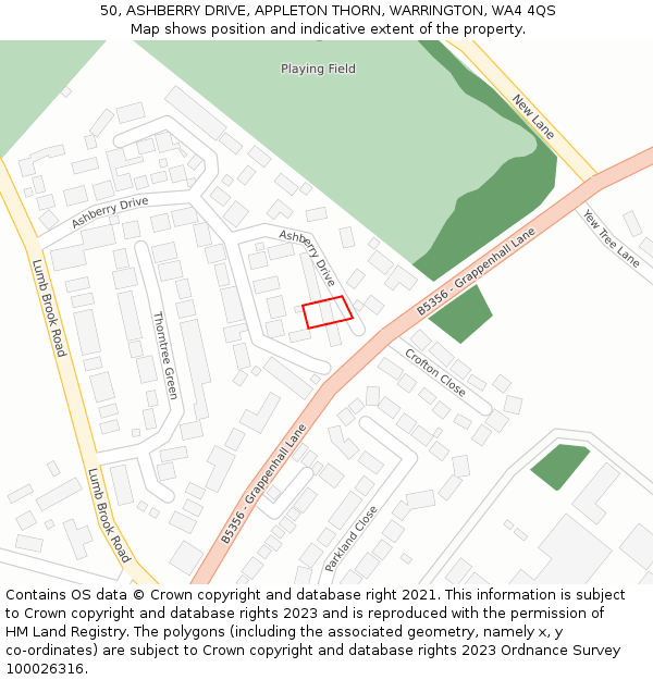 50, ASHBERRY DRIVE, APPLETON THORN, WARRINGTON, WA4 4QS: Location map and indicative extent of plot