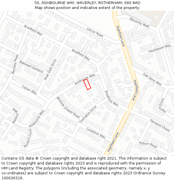 50, ASHBOURNE WAY, WAVERLEY, ROTHERHAM, S60 8AD: Location map and indicative extent of plot