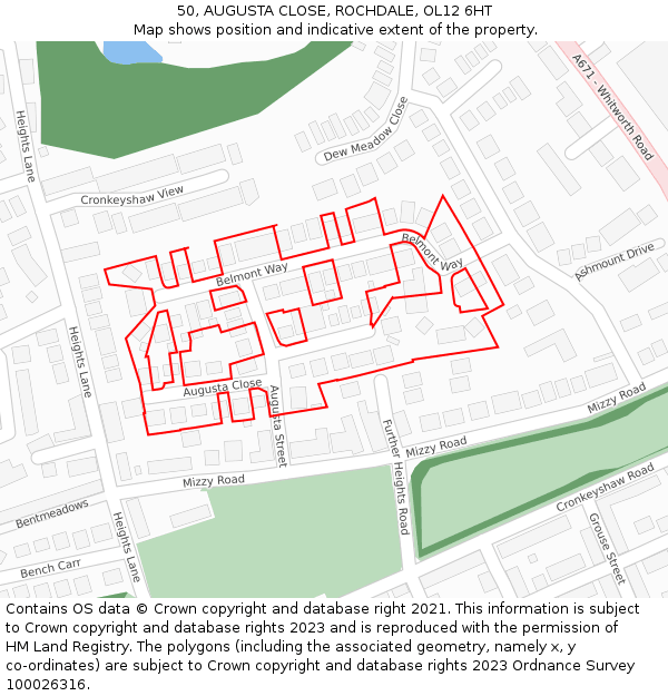 50, AUGUSTA CLOSE, ROCHDALE, OL12 6HT: Location map and indicative extent of plot