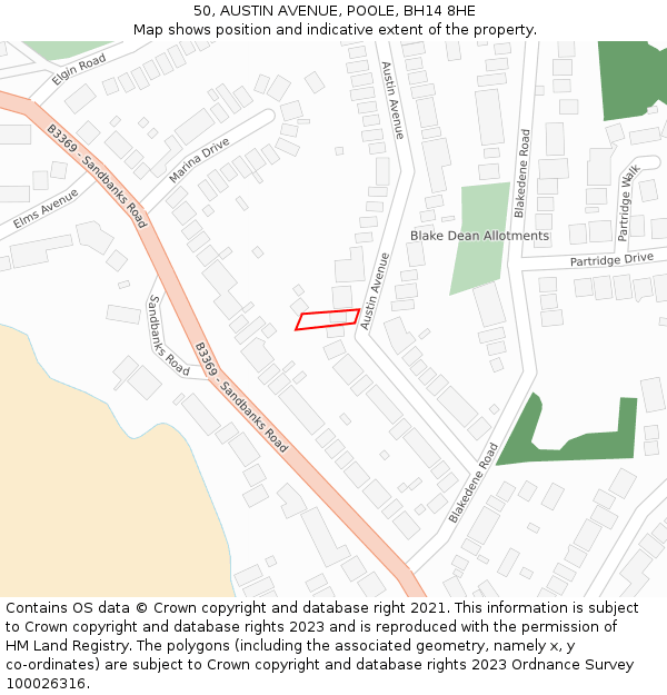 50, AUSTIN AVENUE, POOLE, BH14 8HE: Location map and indicative extent of plot