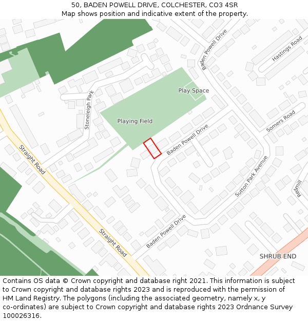 50, BADEN POWELL DRIVE, COLCHESTER, CO3 4SR: Location map and indicative extent of plot