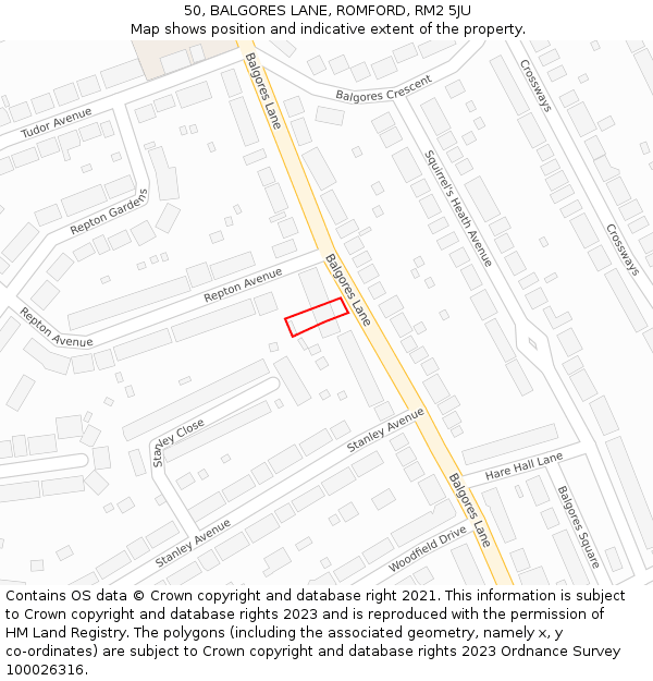 50, BALGORES LANE, ROMFORD, RM2 5JU: Location map and indicative extent of plot