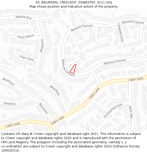 50, BALMORAL CRESCENT, OSWESTRY, SY11 2XQ: Location map and indicative extent of plot