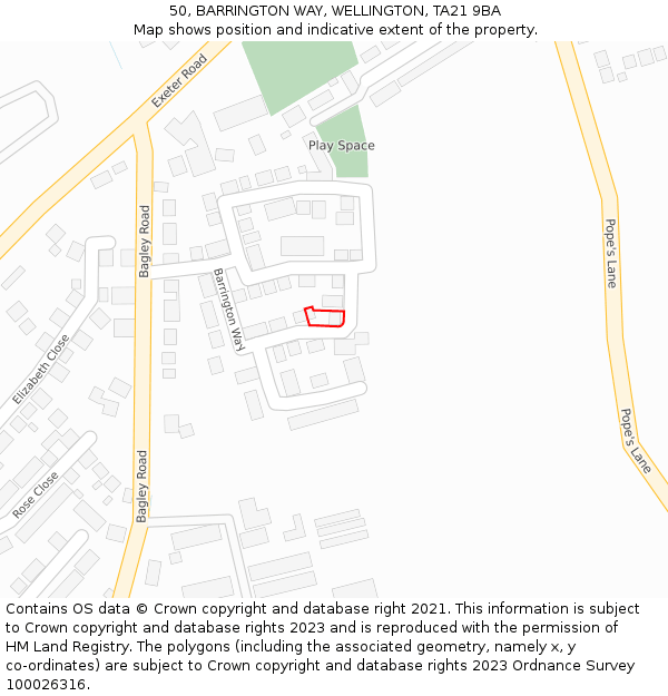 50, BARRINGTON WAY, WELLINGTON, TA21 9BA: Location map and indicative extent of plot