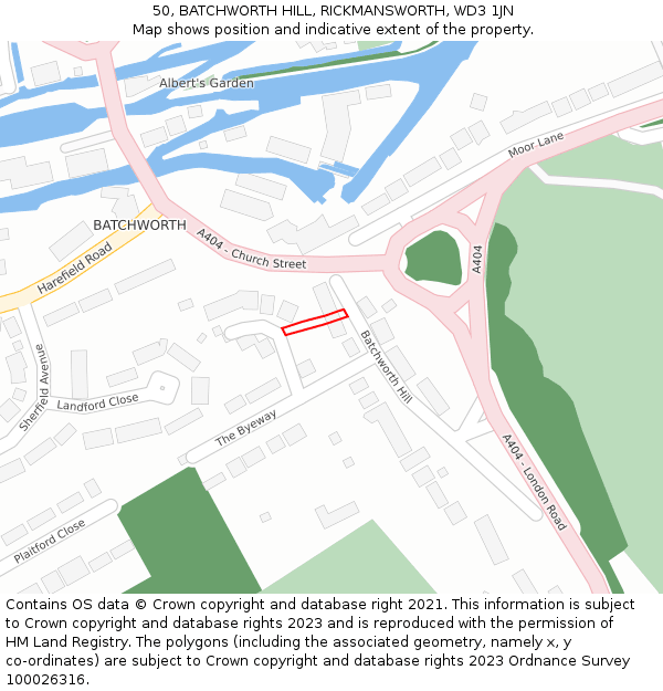 50, BATCHWORTH HILL, RICKMANSWORTH, WD3 1JN: Location map and indicative extent of plot