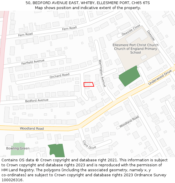 50, BEDFORD AVENUE EAST, WHITBY, ELLESMERE PORT, CH65 6TS: Location map and indicative extent of plot