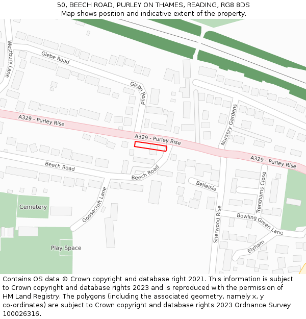 50, BEECH ROAD, PURLEY ON THAMES, READING, RG8 8DS: Location map and indicative extent of plot