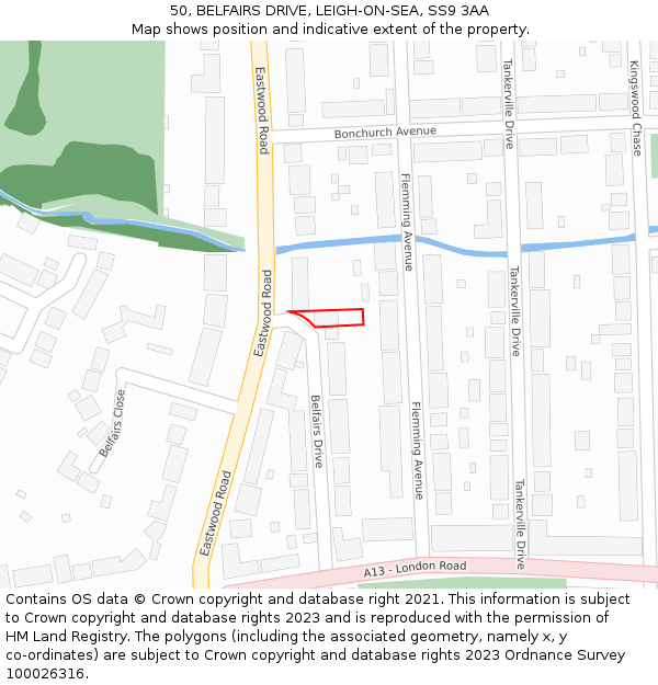 50, BELFAIRS DRIVE, LEIGH-ON-SEA, SS9 3AA: Location map and indicative extent of plot