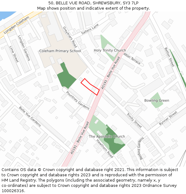 50, BELLE VUE ROAD, SHREWSBURY, SY3 7LP: Location map and indicative extent of plot