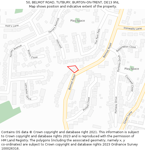 50, BELMOT ROAD, TUTBURY, BURTON-ON-TRENT, DE13 9NL: Location map and indicative extent of plot