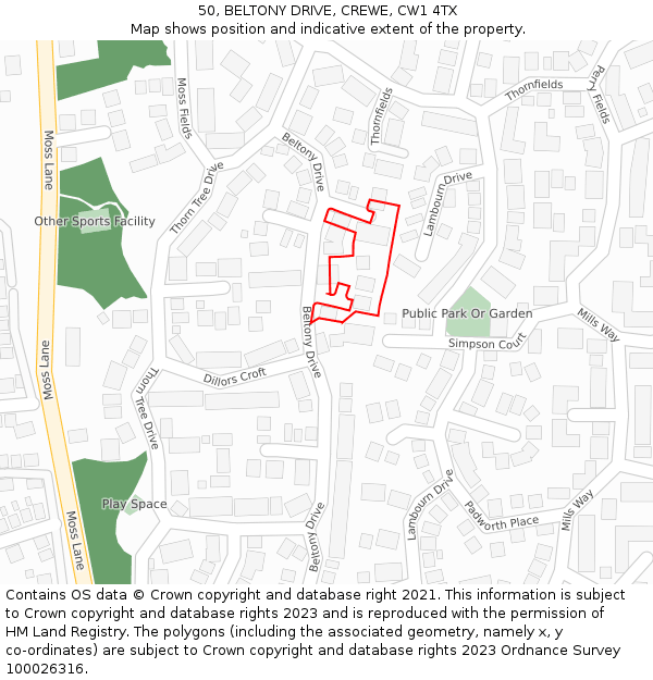 50, BELTONY DRIVE, CREWE, CW1 4TX: Location map and indicative extent of plot