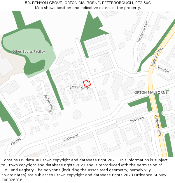 50, BENYON GROVE, ORTON MALBORNE, PETERBOROUGH, PE2 5XS: Location map and indicative extent of plot