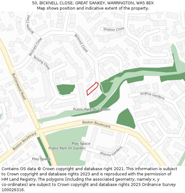 50, BICKNELL CLOSE, GREAT SANKEY, WARRINGTON, WA5 8EX: Location map and indicative extent of plot