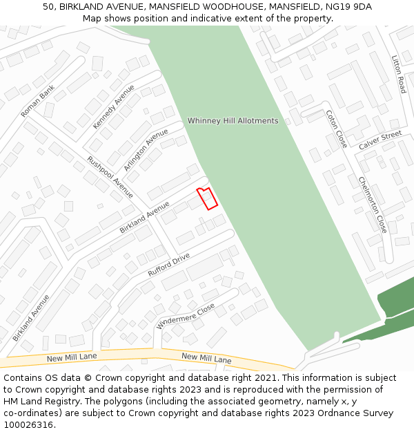 50, BIRKLAND AVENUE, MANSFIELD WOODHOUSE, MANSFIELD, NG19 9DA: Location map and indicative extent of plot