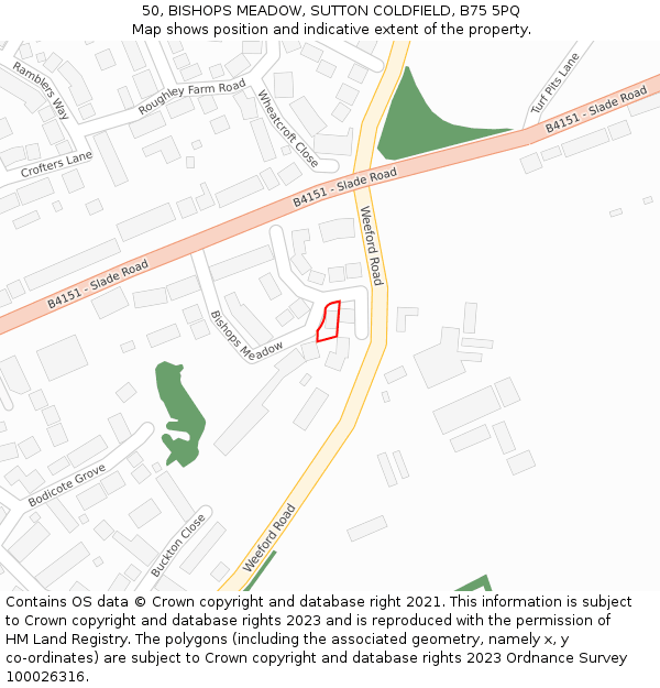 50, BISHOPS MEADOW, SUTTON COLDFIELD, B75 5PQ: Location map and indicative extent of plot