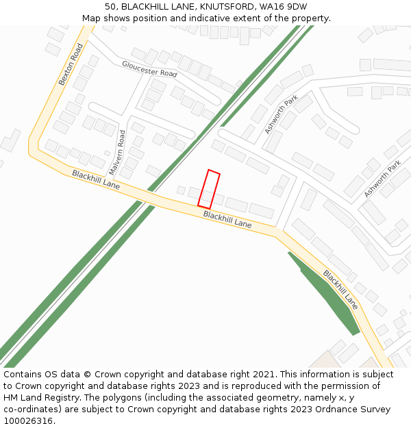 50, BLACKHILL LANE, KNUTSFORD, WA16 9DW: Location map and indicative extent of plot