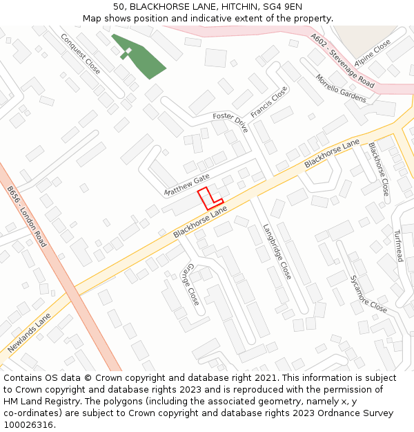50, BLACKHORSE LANE, HITCHIN, SG4 9EN: Location map and indicative extent of plot