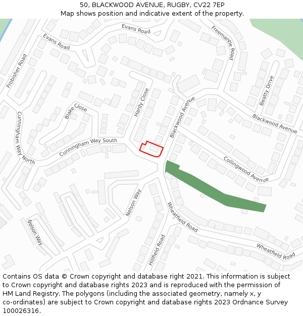 50, BLACKWOOD AVENUE, RUGBY, CV22 7EP: Location map and indicative extent of plot