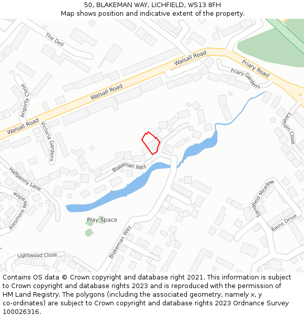 50, BLAKEMAN WAY, LICHFIELD, WS13 8FH: Location map and indicative extent of plot