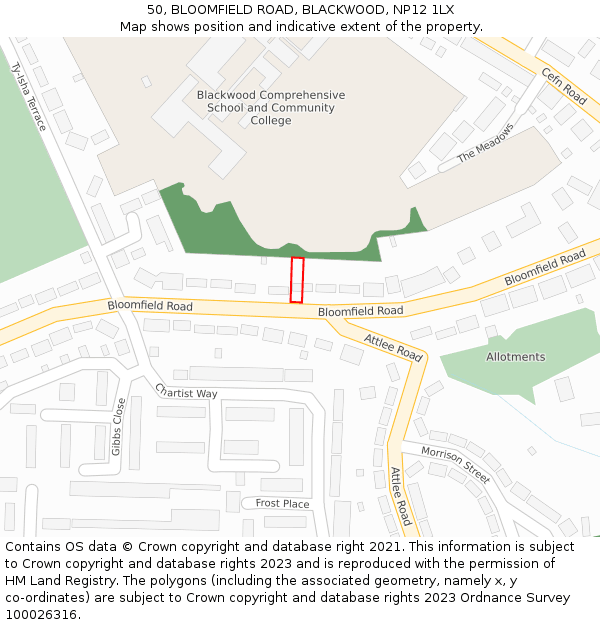 50, BLOOMFIELD ROAD, BLACKWOOD, NP12 1LX: Location map and indicative extent of plot