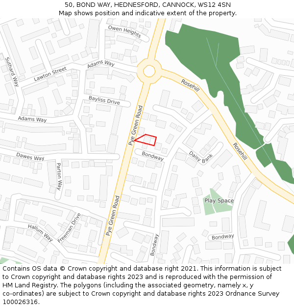 50, BOND WAY, HEDNESFORD, CANNOCK, WS12 4SN: Location map and indicative extent of plot