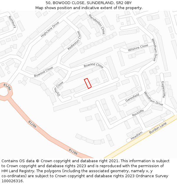 50, BOWOOD CLOSE, SUNDERLAND, SR2 0BY: Location map and indicative extent of plot