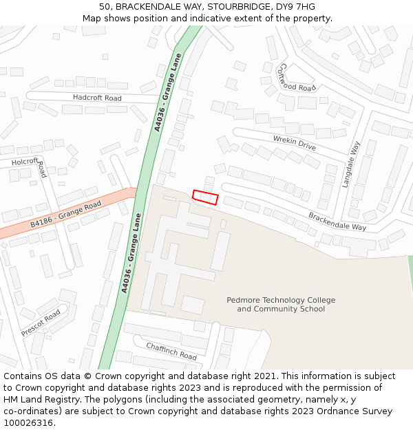 50, BRACKENDALE WAY, STOURBRIDGE, DY9 7HG: Location map and indicative extent of plot