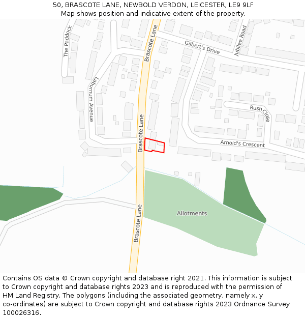 50, BRASCOTE LANE, NEWBOLD VERDON, LEICESTER, LE9 9LF: Location map and indicative extent of plot