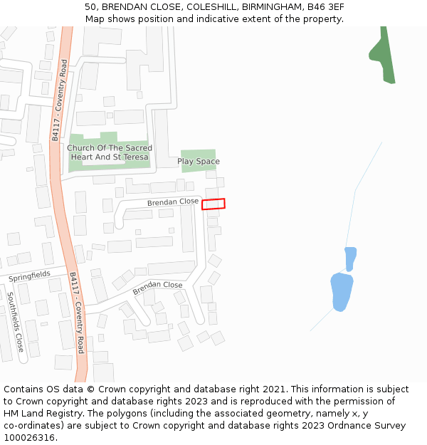 50, BRENDAN CLOSE, COLESHILL, BIRMINGHAM, B46 3EF: Location map and indicative extent of plot