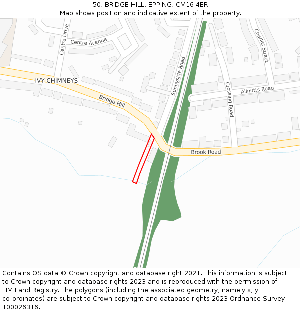 50, BRIDGE HILL, EPPING, CM16 4ER: Location map and indicative extent of plot