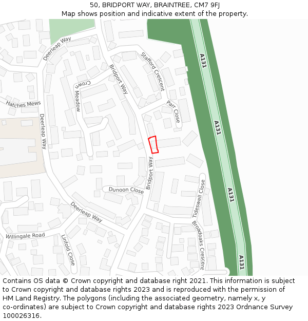 50, BRIDPORT WAY, BRAINTREE, CM7 9FJ: Location map and indicative extent of plot